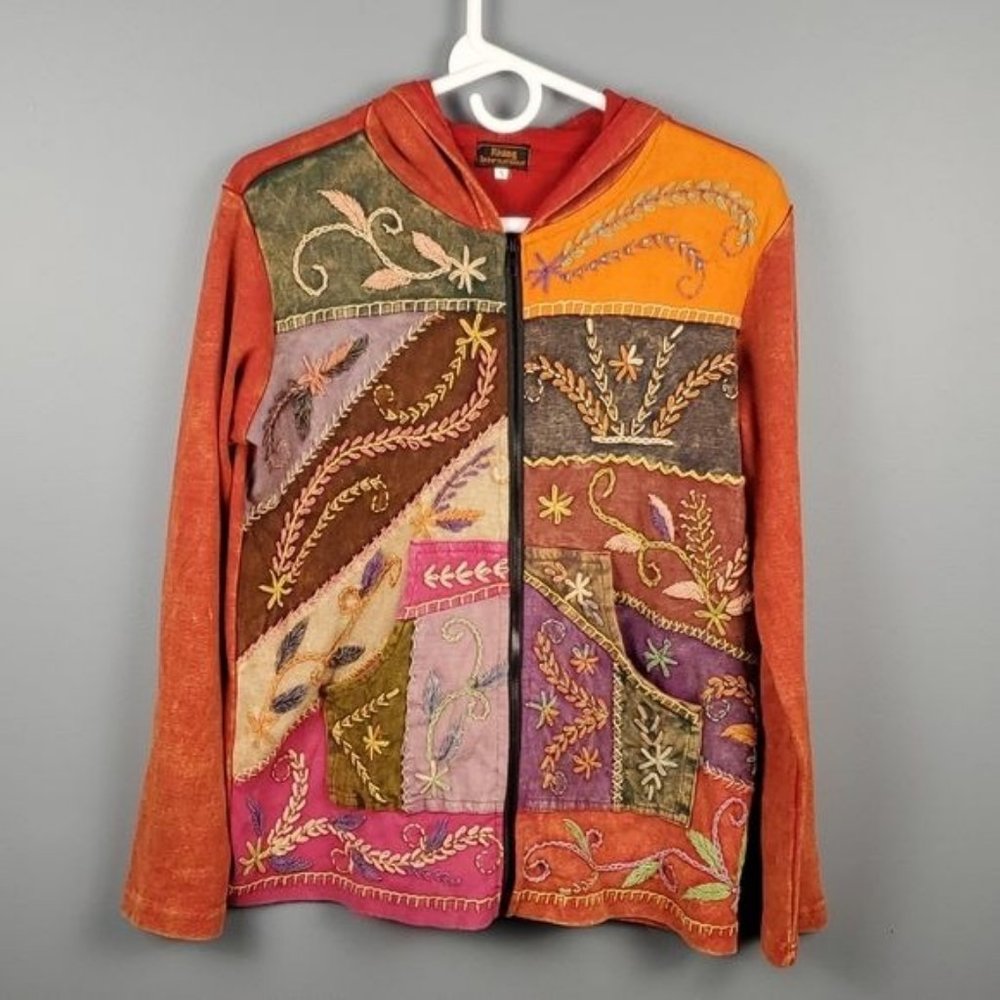 Rising International orange floral embroideredl zip up boho long sleeve hoodie